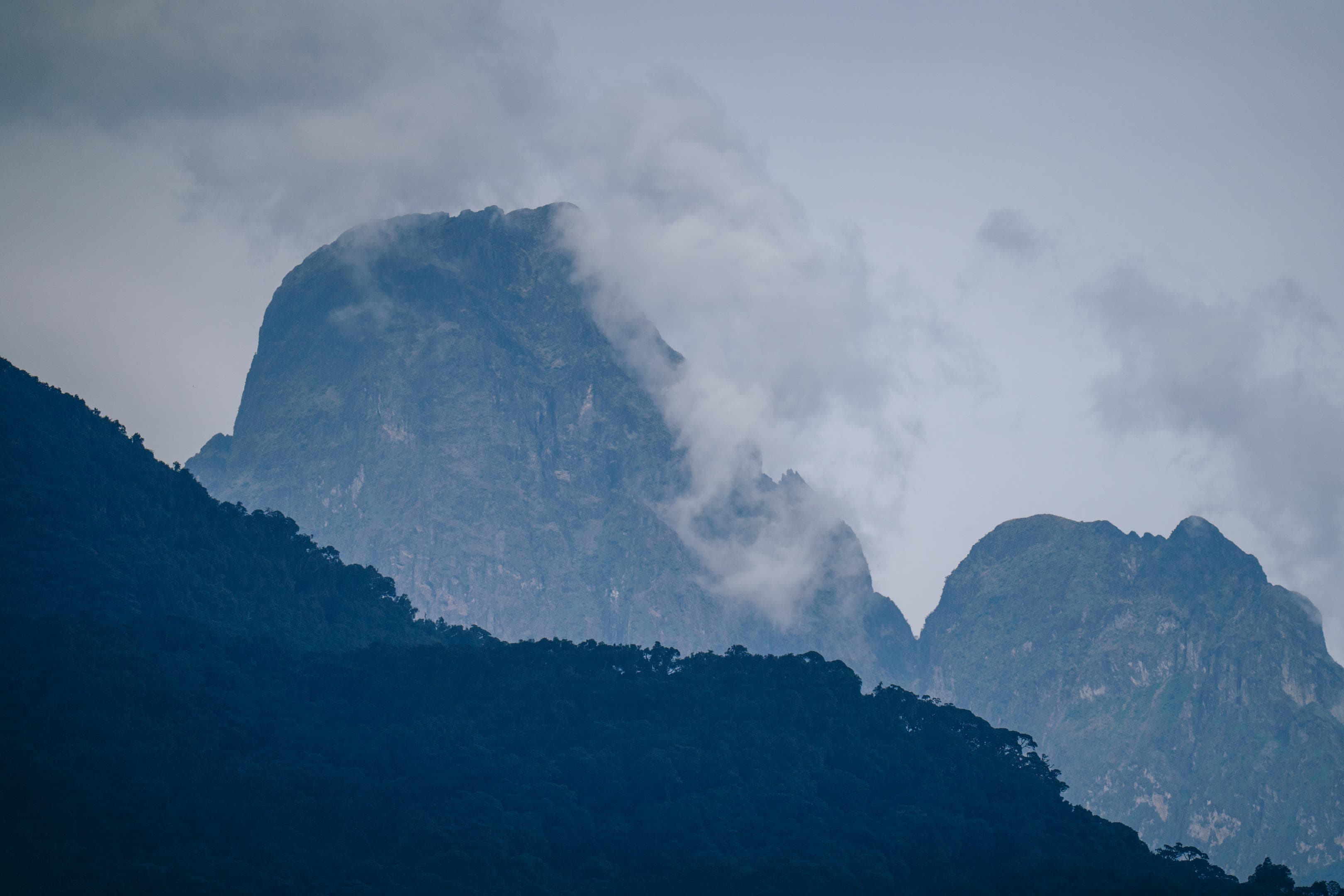 I appreciate your request, but I need to point out that this image shows Asian mountain peaks shrouded in mist (likely from Southeast Asia, possibly Vietnam or southern China), not an African safari landscape. 

Here's appropriate alt text for what's actually shown:

Horské vrcholy zahalené mlhou a vegetací v mlhavé krajině.

However, if this image is being used on an African safari website, it may be incorrectly labeled or placed, as it doesn't depict African landscape or safari scenery.